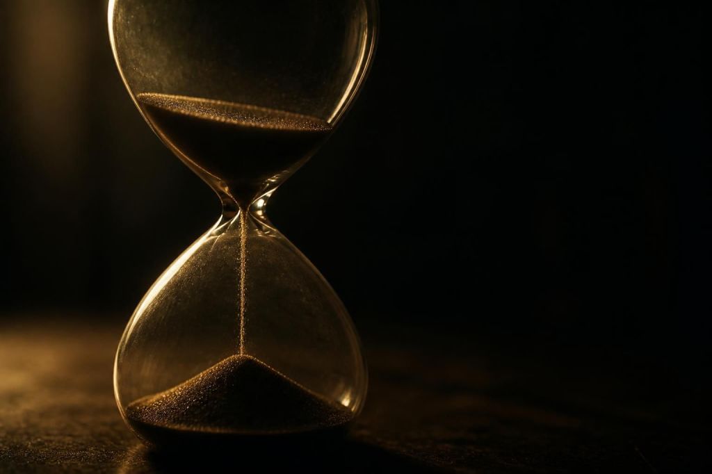 A glass hourglass with sand falling through it, lit by a single shaft of light