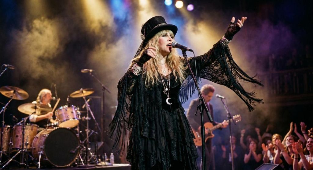 A performer in a black top hat singing on stage, with a band behind her and the crowd in the foreground