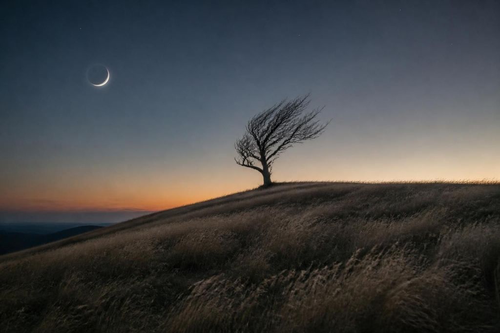 A thin crescent moon above a windswept hillside of pale grass at dusk