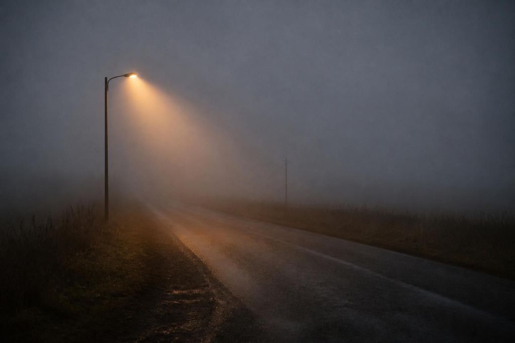 A lone streetlamp on an empty foggy road at dusk