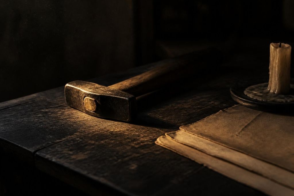 An old iron hammer on a dark wooden desk beside a burned-down candle