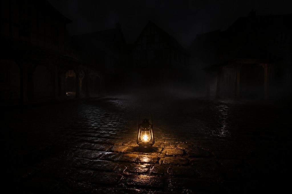 A lit brass lantern standing on wet cobblestones in an empty square at night